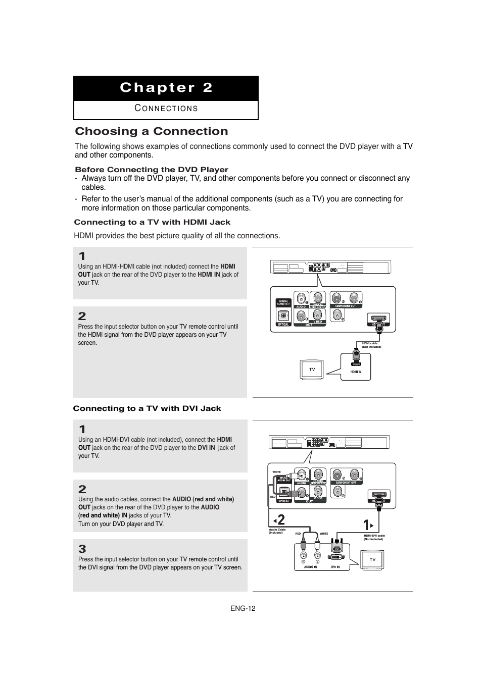 Connecting to a tv with an hdmi jack, Connecting to a tv with a dvi jack, Choosing a connection | Samsung DVD-1080P8-XAA User Manual | Page 12 / 64