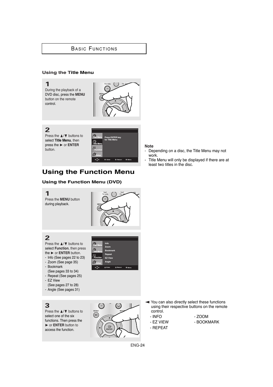 Using the function menu | Samsung DVD-1080P8-XAA User Manual | Page 24 / 64