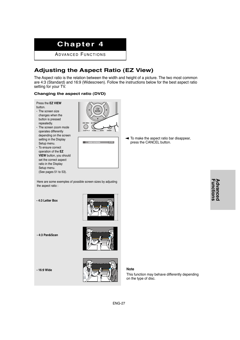 Adjusting the aspect ratio (ez view), Advanced functions | Samsung DVD-1080P8-XAA User Manual | Page 27 / 64