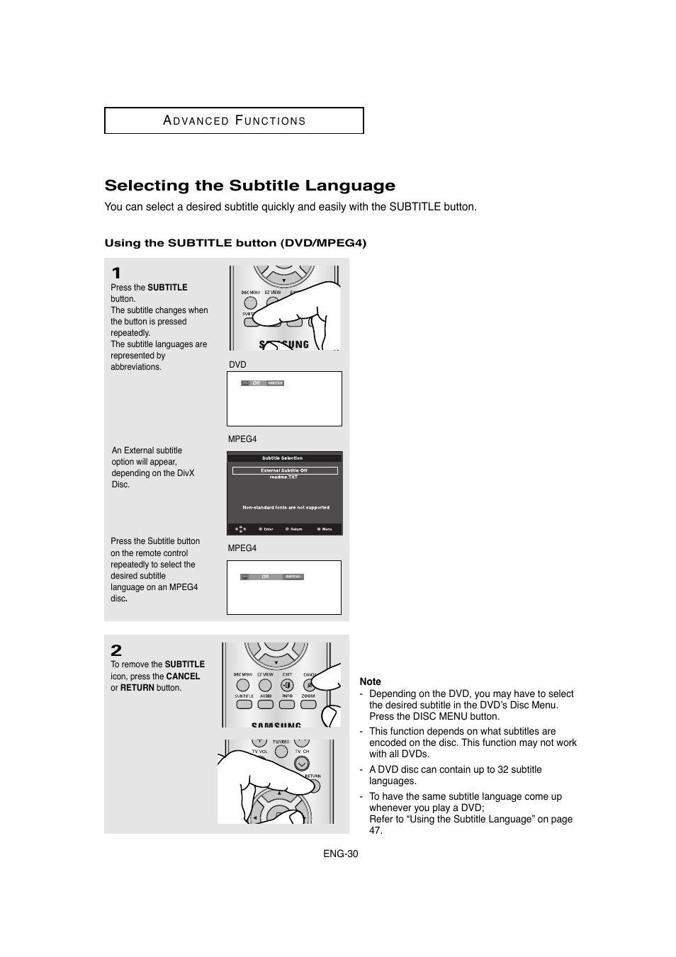 Selecting the subtitle language | Samsung DVD-1080P8-XAA User Manual | Page 30 / 64