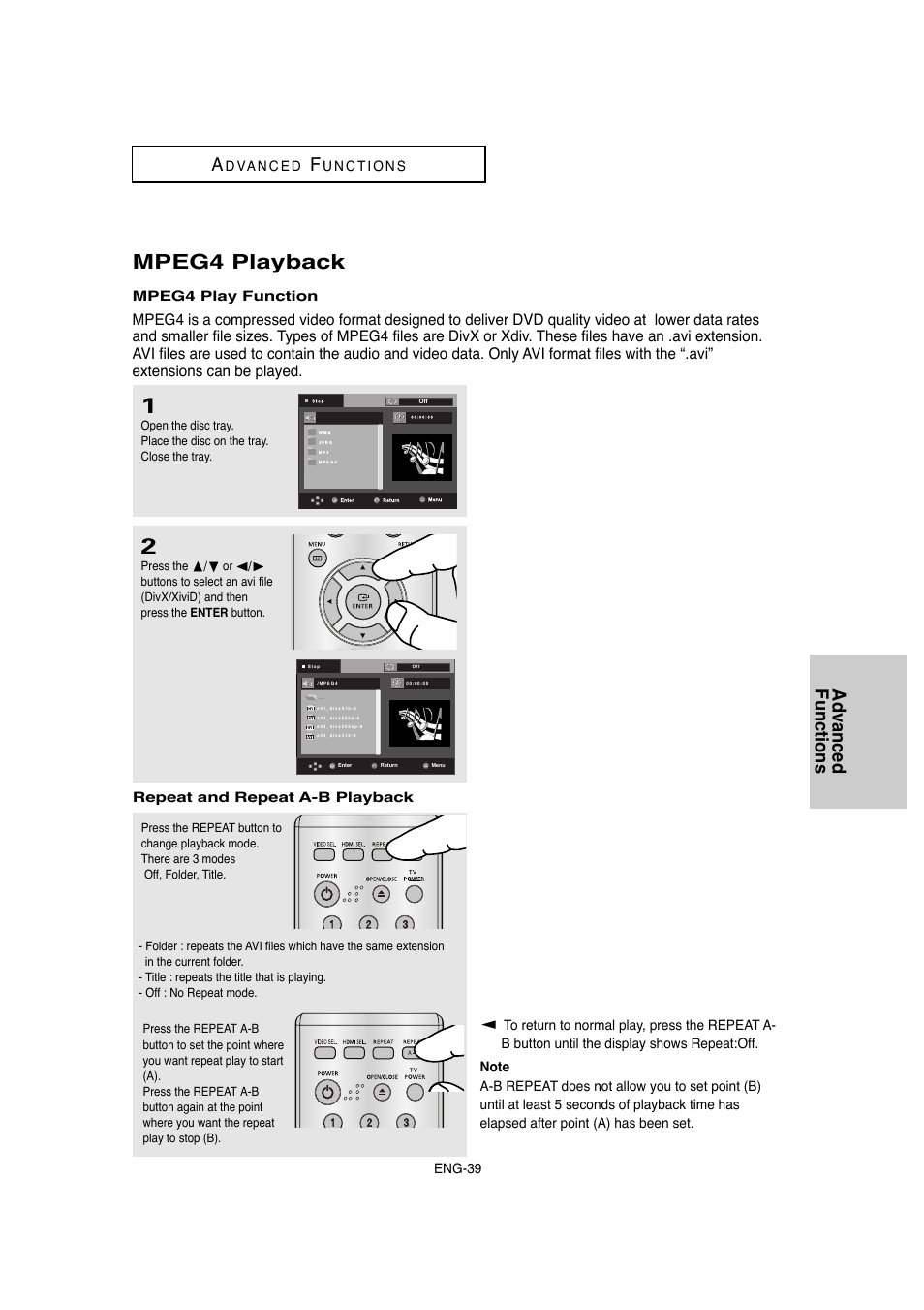 Mpeg4 playback, Advanced functions a | Samsung DVD-1080P8-XAA User Manual | Page 39 / 64