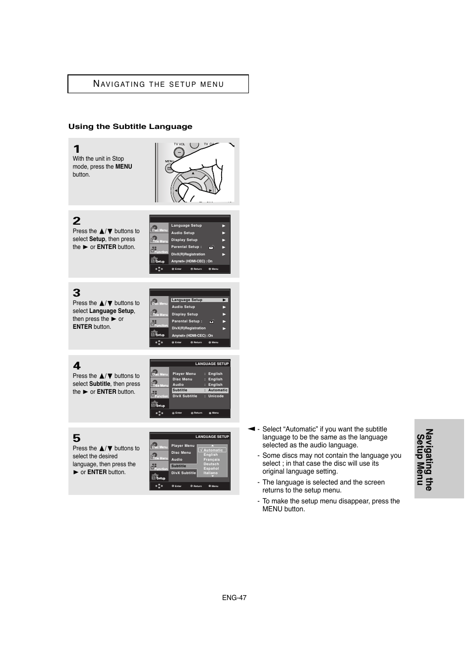 Navigating the setup menu n, Eng-47 | Samsung DVD-1080P8-XAA User Manual | Page 47 / 64