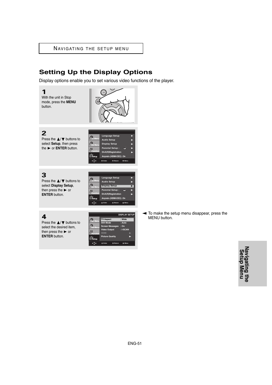 Setting up the display options, Navigating the setup menu n, Eng-51 | Samsung DVD-1080P8-XAA User Manual | Page 51 / 64