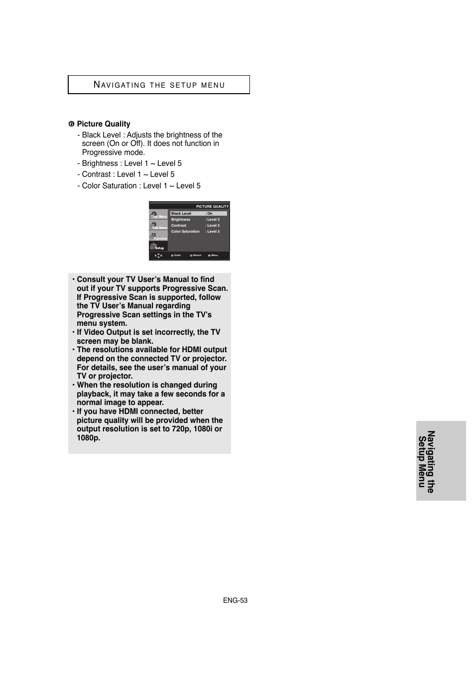 Navigating the setup menu | Samsung DVD-1080P8-XAA User Manual | Page 53 / 64