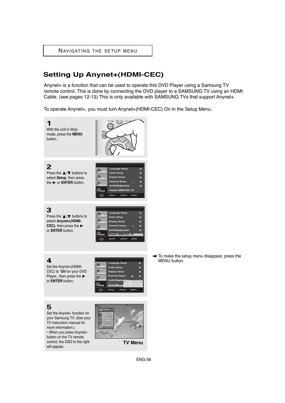 Setting up anynet+(hdmi-cec), Tv menu, Eng-56 | With the unit in stop mode, press the menu button | Samsung DVD-1080P8-XAA User Manual | Page 56 / 64