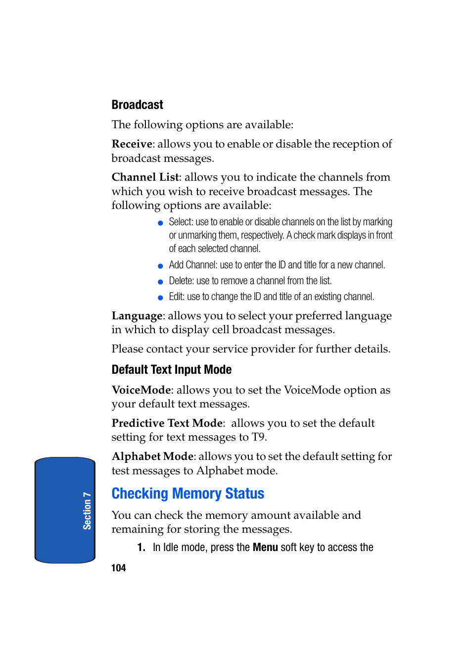 Broadcast, Default text input mode, Checking memory status | Samsung SGH-P207ZKACIN User Manual | Page 108 / 209