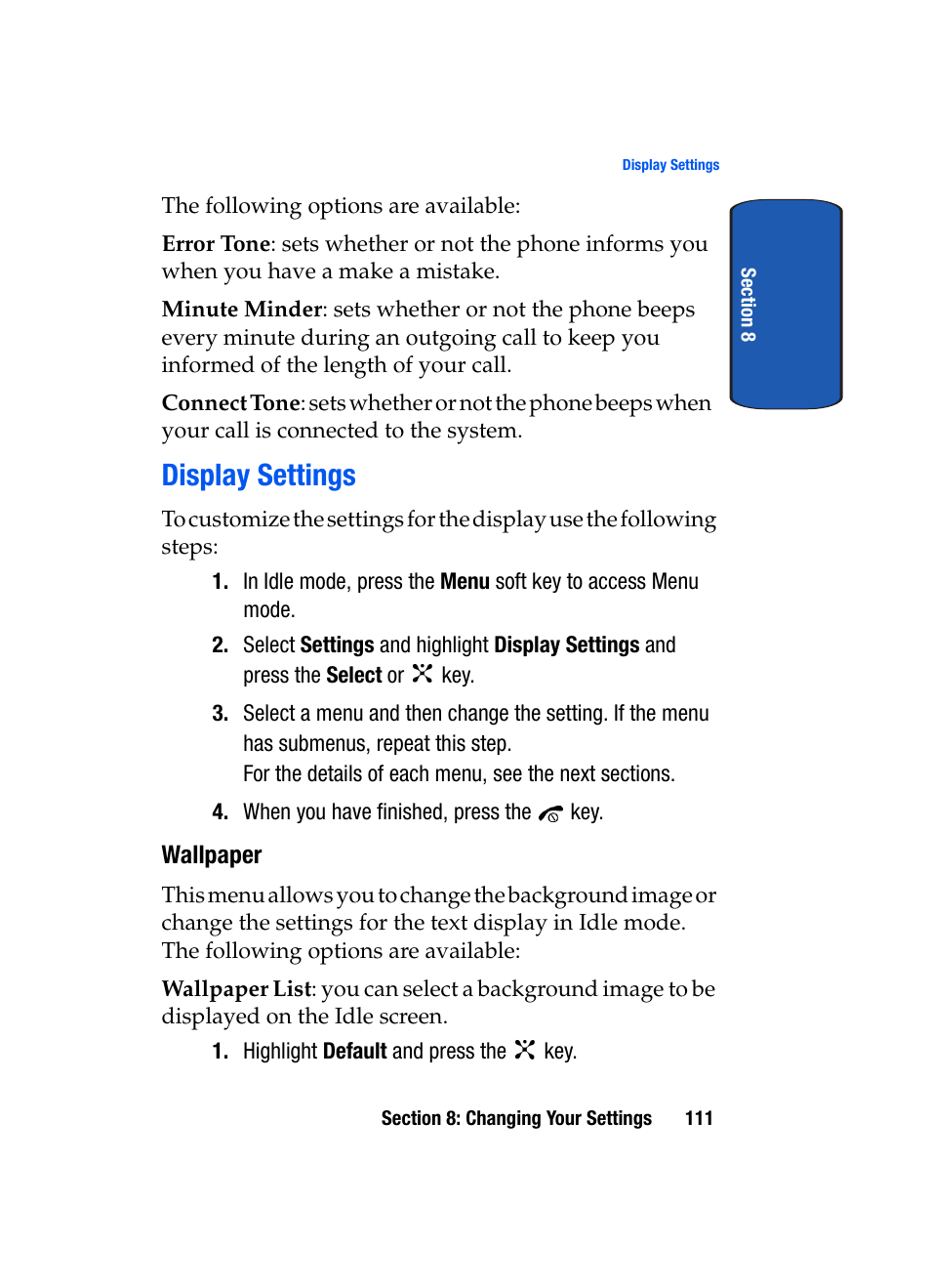 Display settings, Wallpaper | Samsung SGH-P207ZKACIN User Manual | Page 115 / 209