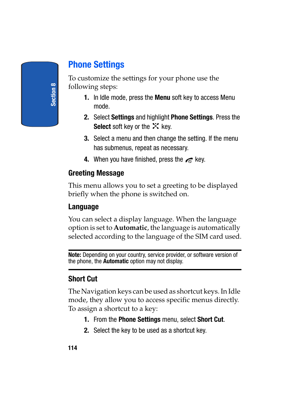 Phone settings, Greeting message, Language | Short cut | Samsung SGH-P207ZKACIN User Manual | Page 118 / 209