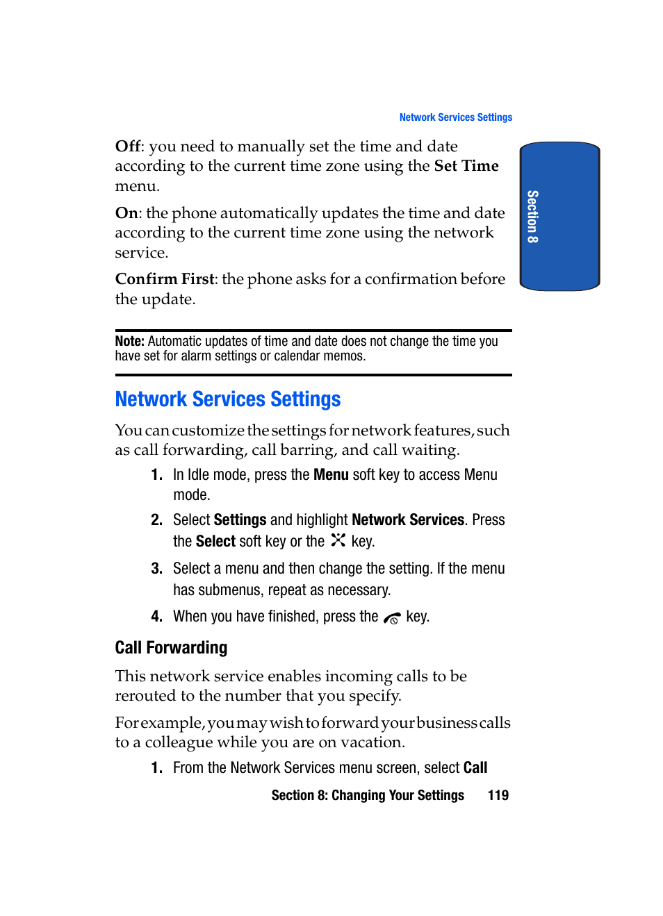 Network services settings, Call forwarding | Samsung SGH-P207ZKACIN User Manual | Page 123 / 209