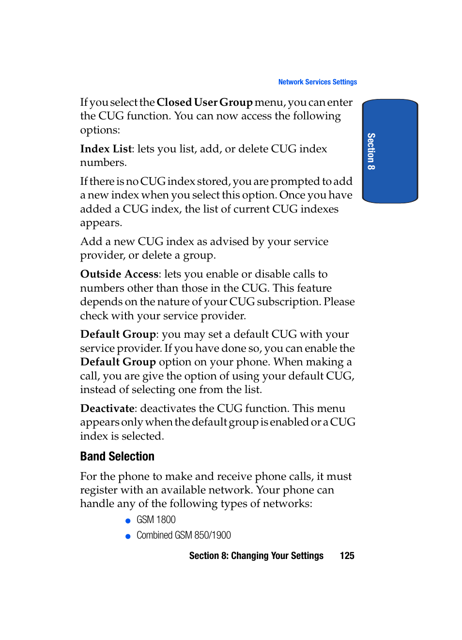 Band selection | Samsung SGH-P207ZKACIN User Manual | Page 129 / 209