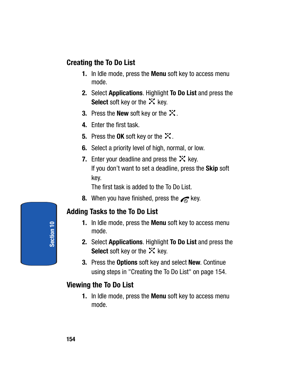 Creating the to do list, Adding tasks to the to do list, Viewing the to do list | Samsung SGH-P207ZKACIN User Manual | Page 158 / 209