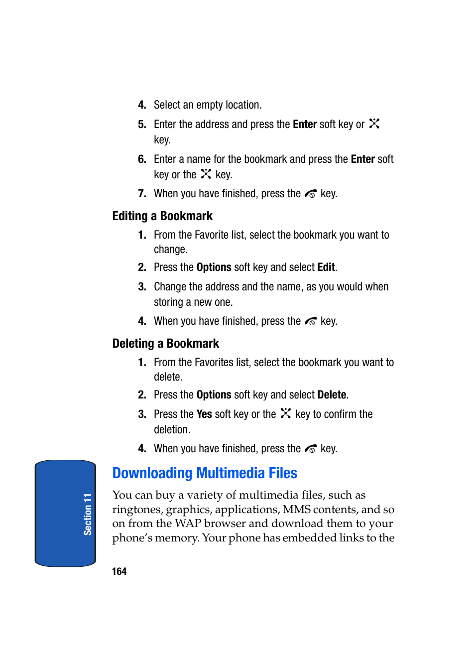 Editing a bookmark, Deleting a bookmark, Downloading multimedia files | Samsung SGH-P207ZKACIN User Manual | Page 168 / 209