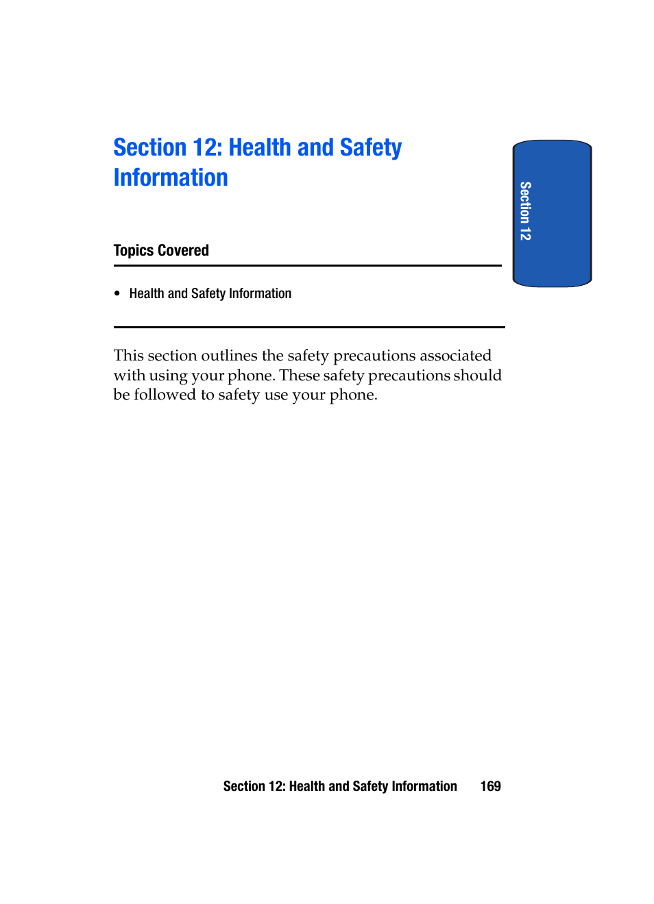 Section 12: health and safety information, Topics covered, Section 12: health and safety information . 169 | Samsung SGH-P207ZKACIN User Manual | Page 173 / 209