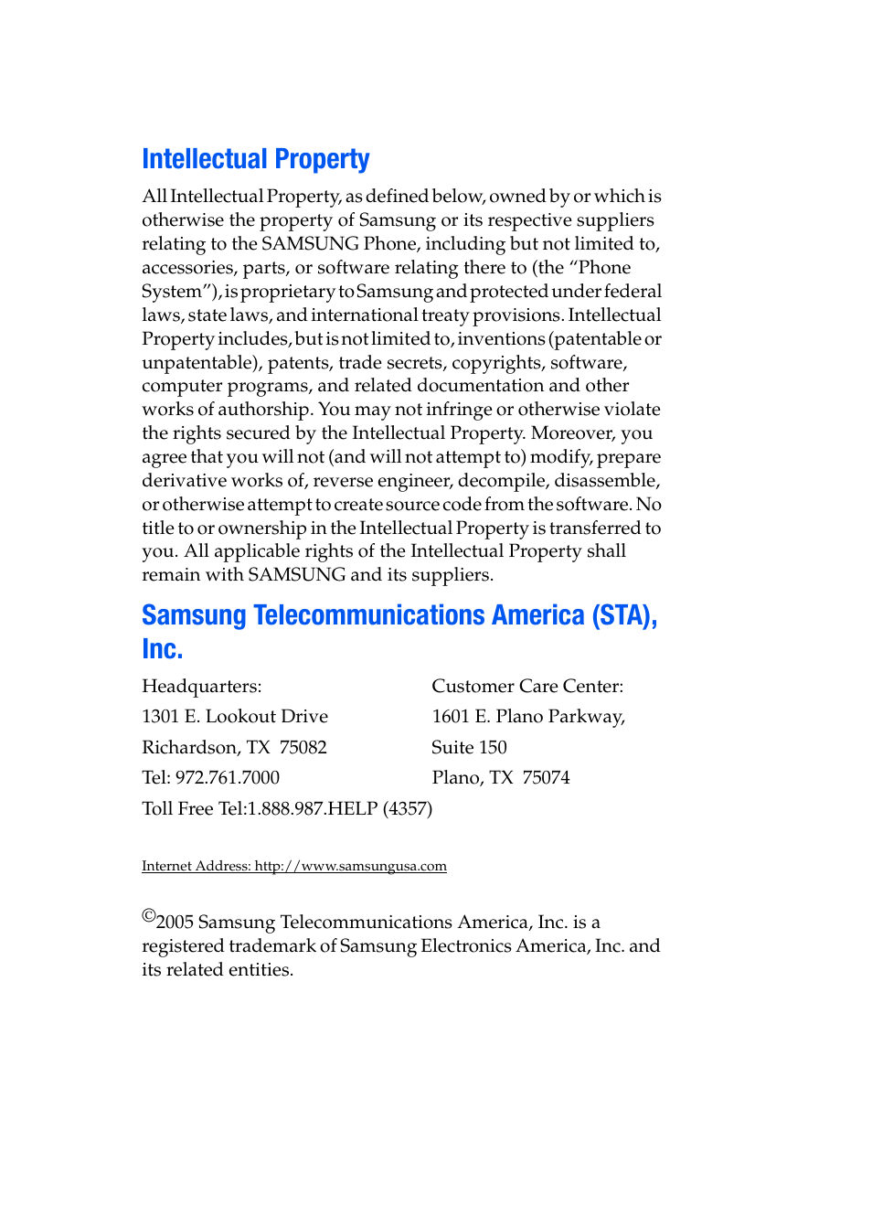 Intellectual property, Samsung telecommunications america (sta), inc | Samsung SGH-P207ZKACIN User Manual | Page 2 / 209