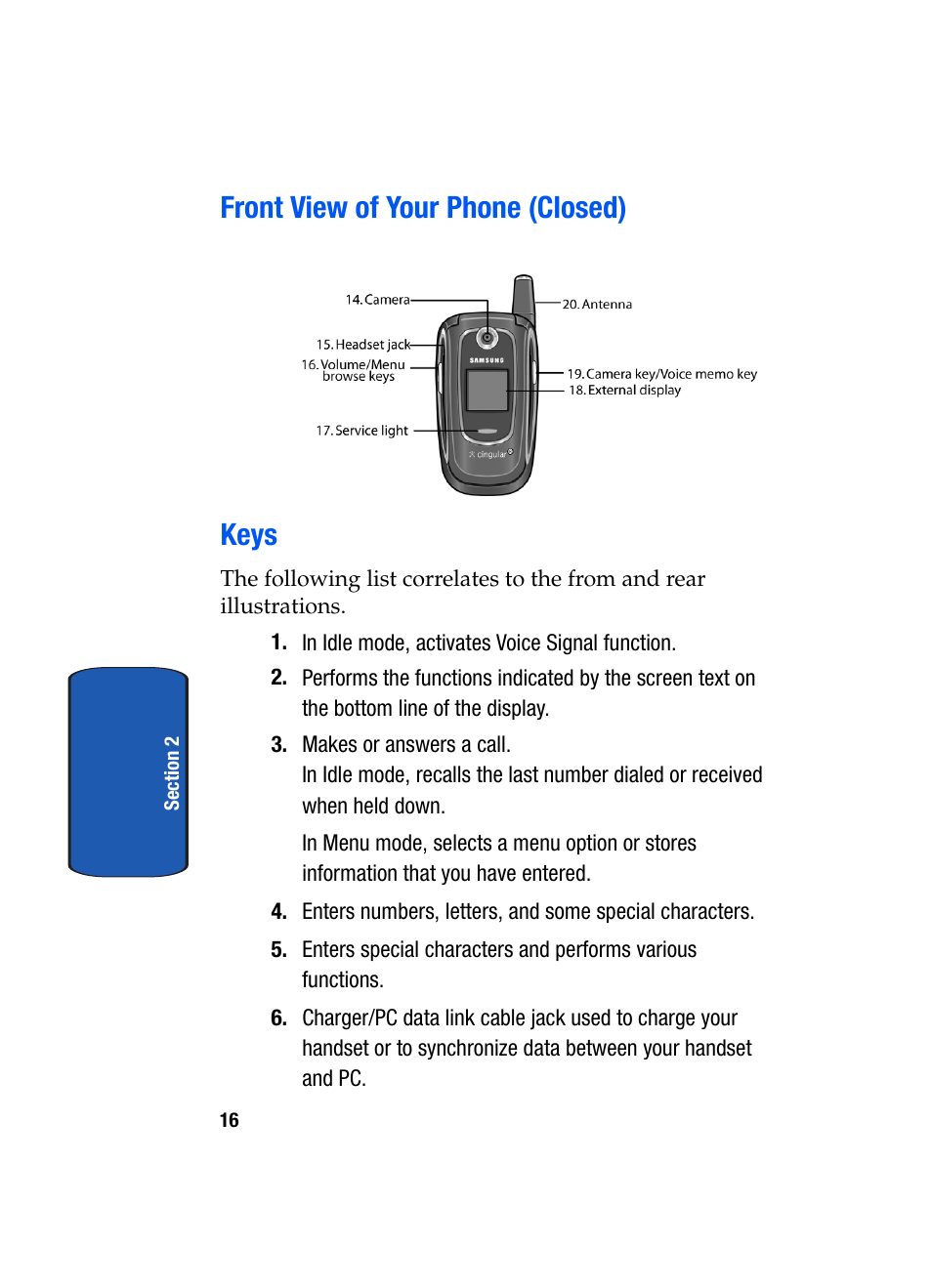 Keys, Front view of your phone (closed) keys | Samsung SGH-P207ZKACIN User Manual | Page 20 / 209