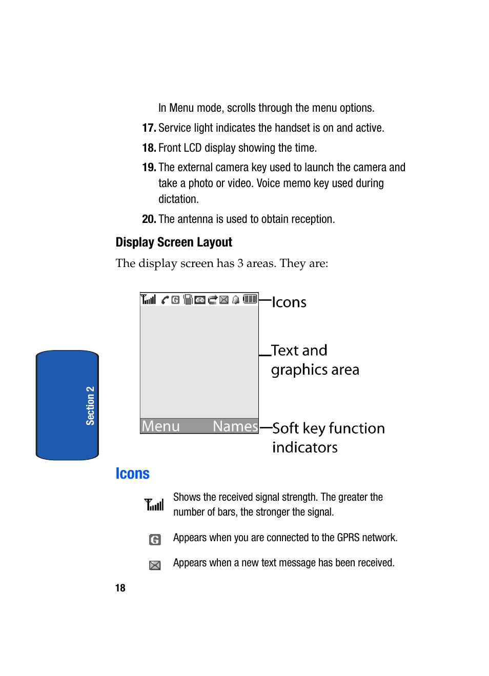 Display screen layout, Icons | Samsung SGH-P207ZKACIN User Manual | Page 22 / 209