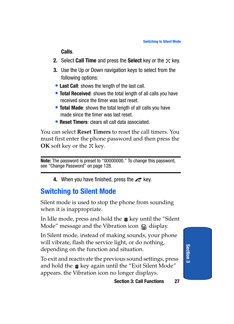 Switching to silent mode | Samsung SGH-P207ZKACIN User Manual | Page 31 / 209