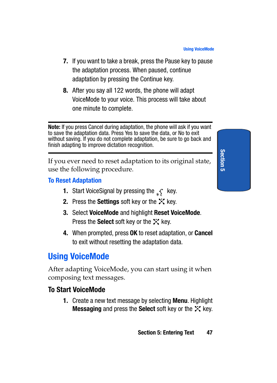 To reset adaptation, Using voicemode, To start voicemode | Samsung SGH-P207ZKACIN User Manual | Page 51 / 209