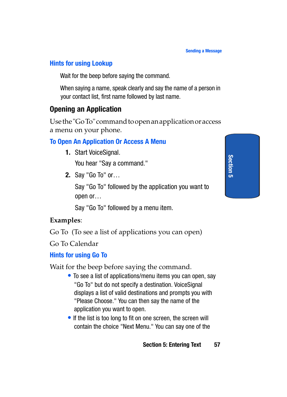 Hints for using lookup, Opening an application, To open an application or access a menu | Hints for using go to | Samsung SGH-P207ZKACIN User Manual | Page 61 / 209