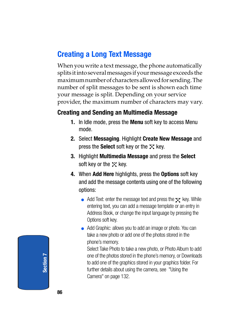 Creating a long text message, Creating and sending an multimedia message | Samsung SGH-P207ZKACIN User Manual | Page 90 / 209