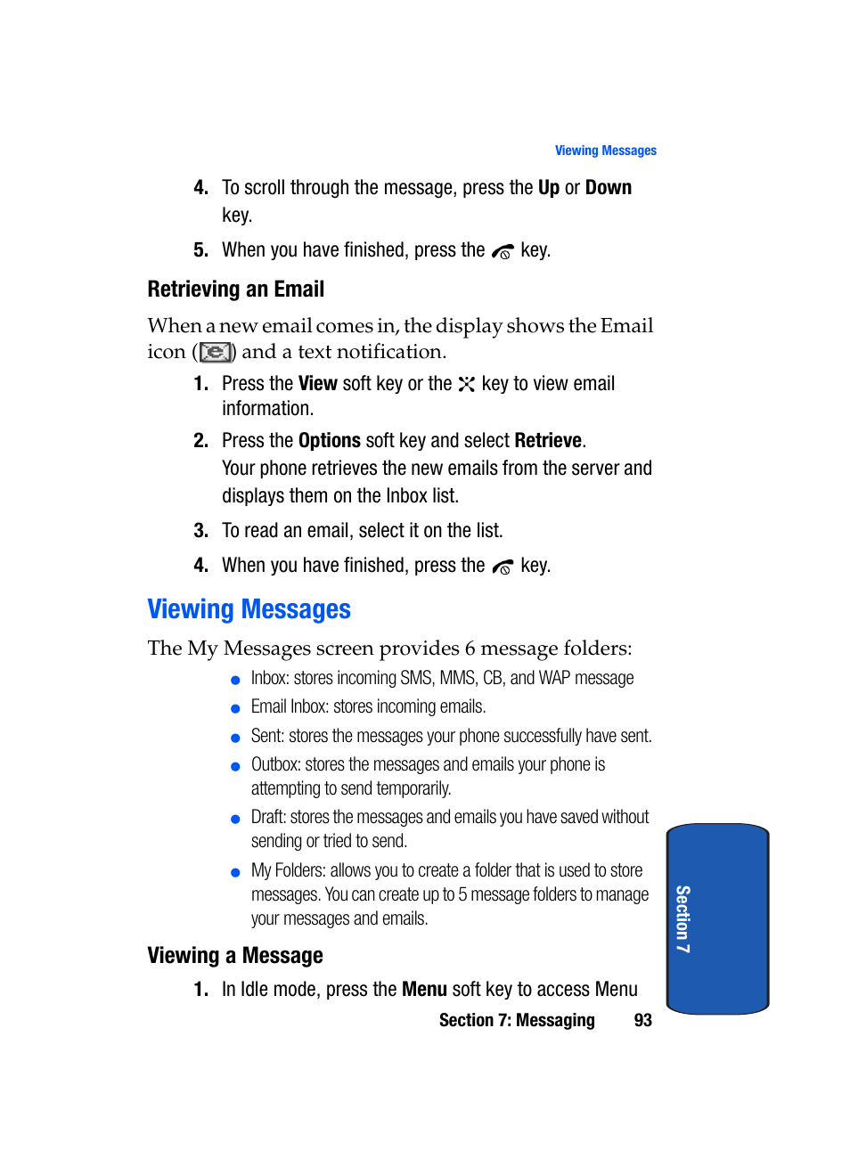 Retrieving an email, Viewing messages, Viewing a message | Samsung SGH-P207ZKACIN User Manual | Page 97 / 209