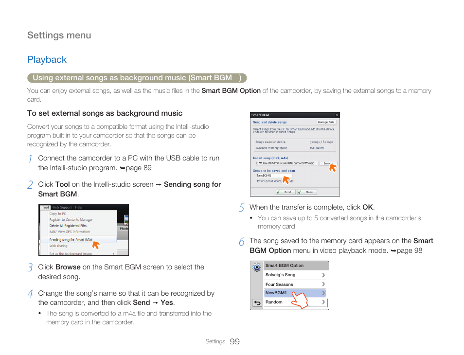 Settings menu, Playback | Samsung HMX-Q20BN-XAA User Manual | Page 103 / 133