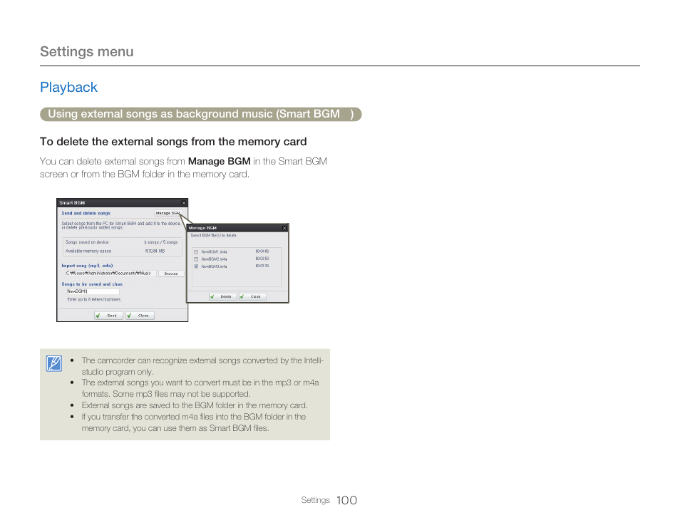 Settings menu, Playback | Samsung HMX-Q20BN-XAA User Manual | Page 104 / 133