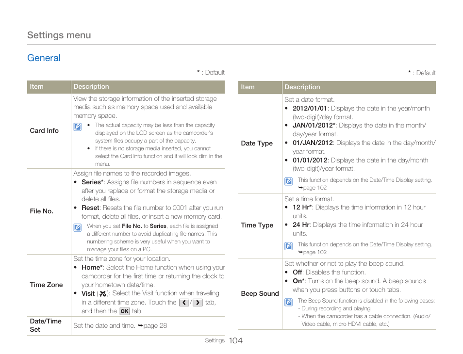 General, Settings menu | Samsung HMX-Q20BN-XAA User Manual | Page 108 / 133