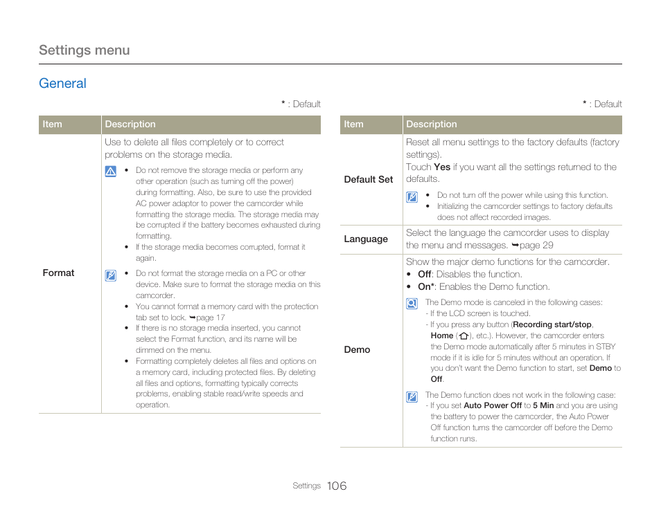 Settings menu, General | Samsung HMX-Q20BN-XAA User Manual | Page 110 / 133