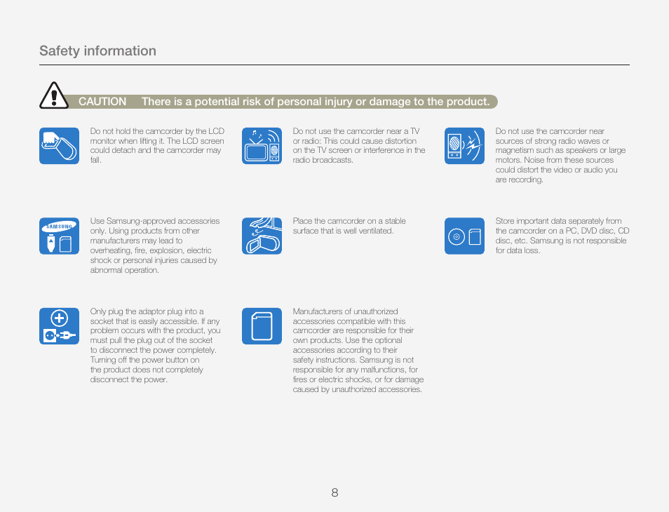 Safety information | Samsung HMX-Q20BN-XAA User Manual | Page 12 / 133