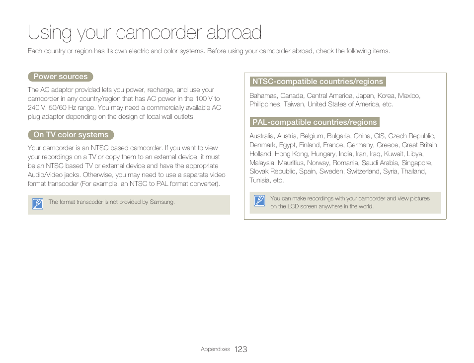 Using your camcorder abroad | Samsung HMX-Q20BN-XAA User Manual | Page 127 / 133