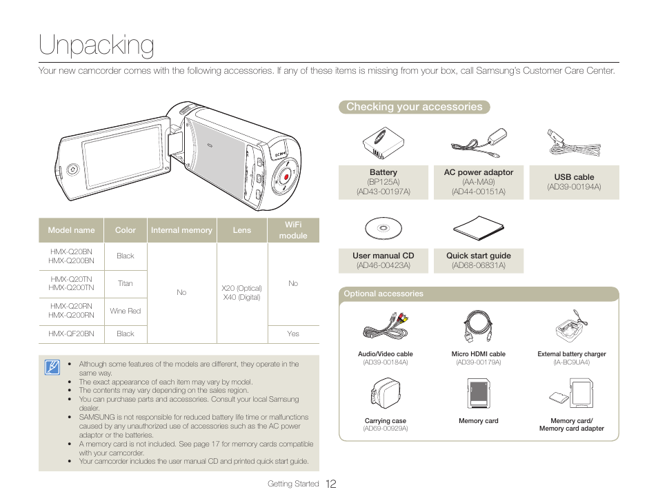 Unpacking, Checking your accessories | Samsung HMX-Q20BN-XAA User Manual | Page 16 / 133