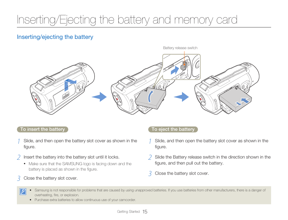 Inserting/ejecting the battery and memory card, Inserting/ejecting the battery | Samsung HMX-Q20BN-XAA User Manual | Page 19 / 133