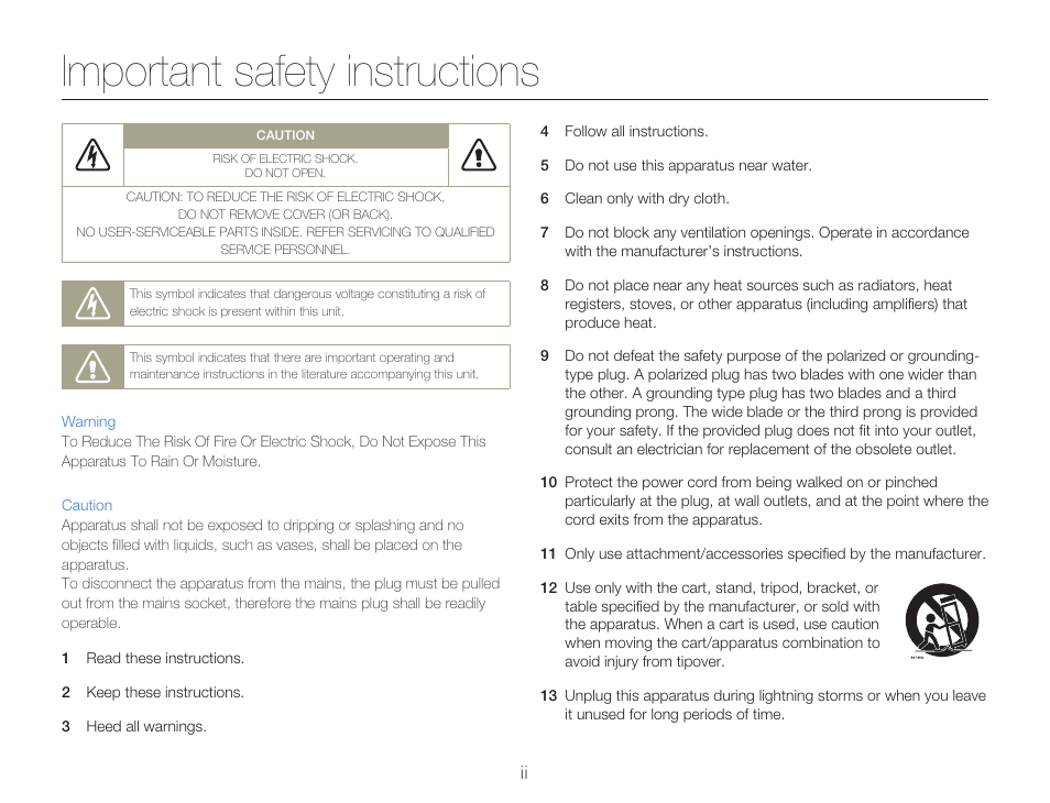 Important safety instructions | Samsung HMX-Q20BN-XAA User Manual | Page 2 / 133