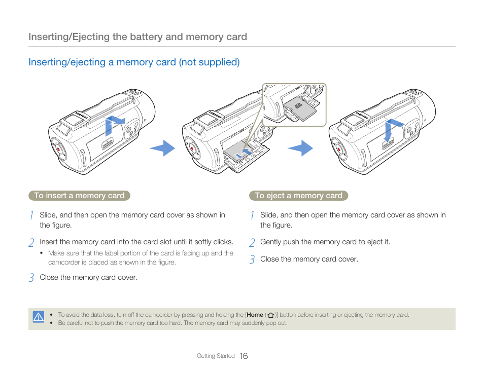 Inserting/ejecting a memory card (not supplied) | Samsung HMX-Q20BN-XAA User Manual | Page 20 / 133