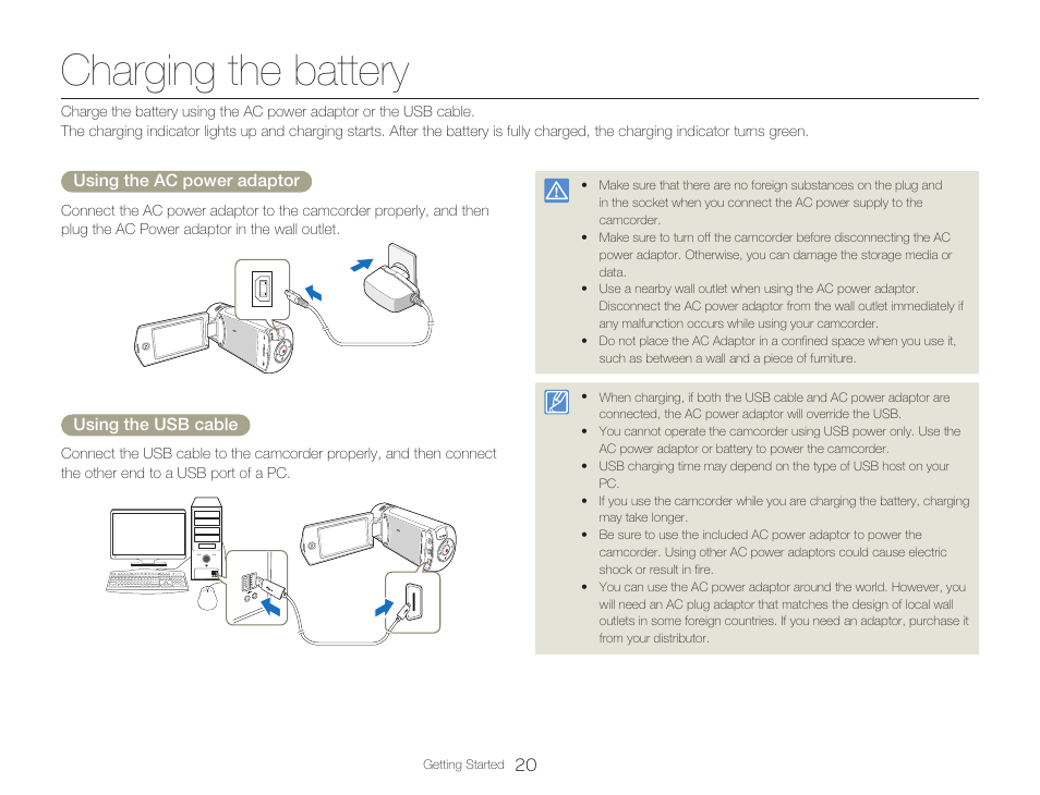 Charging the battery | Samsung HMX-Q20BN-XAA User Manual | Page 24 / 133