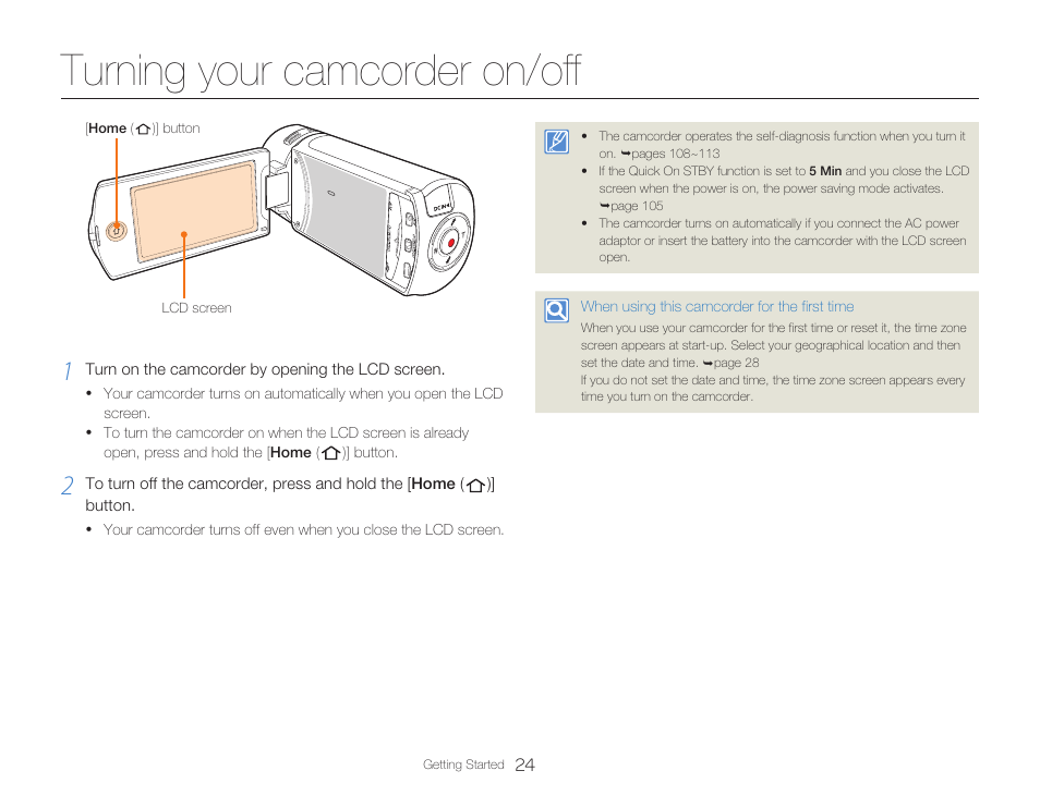 Turning your camcorder on/off | Samsung HMX-Q20BN-XAA User Manual | Page 28 / 133