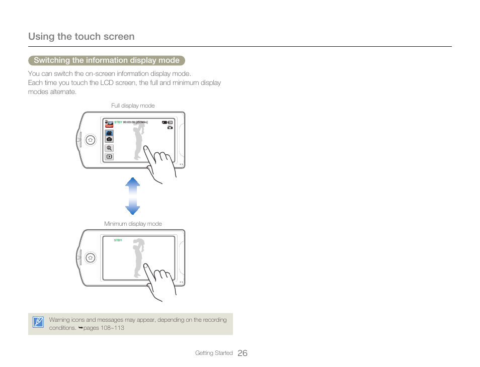 Using the touch screen, Switching the information display mode | Samsung HMX-Q20BN-XAA User Manual | Page 30 / 133