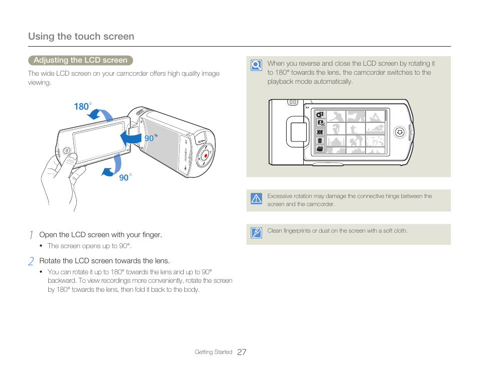 Using the touch screen | Samsung HMX-Q20BN-XAA User Manual | Page 31 / 133