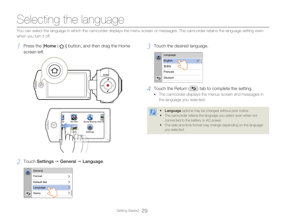 Selecting the language | Samsung HMX-Q20BN-XAA User Manual | Page 33 / 133