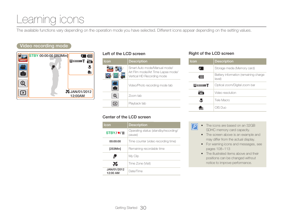 Learning icons, Video recording mode | Samsung HMX-Q20BN-XAA User Manual | Page 34 / 133