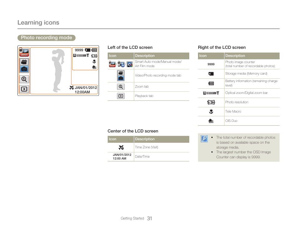 Learning icons, Photo recording mode | Samsung HMX-Q20BN-XAA User Manual | Page 35 / 133