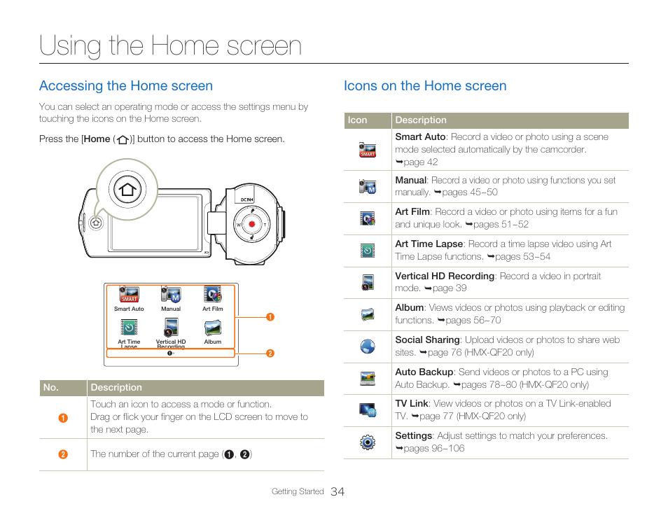 Using the home screen, Accessing the home screen, Icons on the home screen | Samsung HMX-Q20BN-XAA User Manual | Page 38 / 133