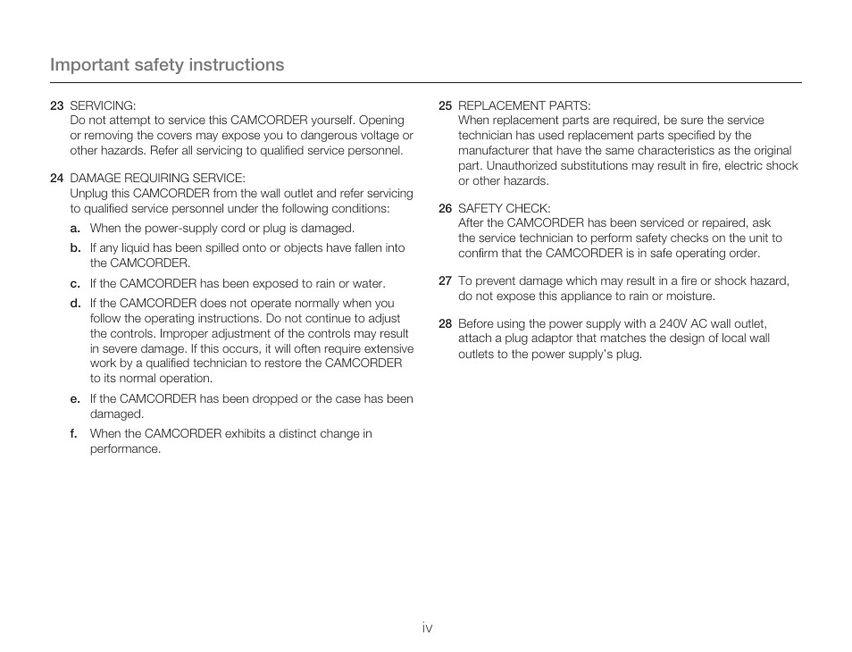 Important safety instructions | Samsung HMX-Q20BN-XAA User Manual | Page 4 / 133