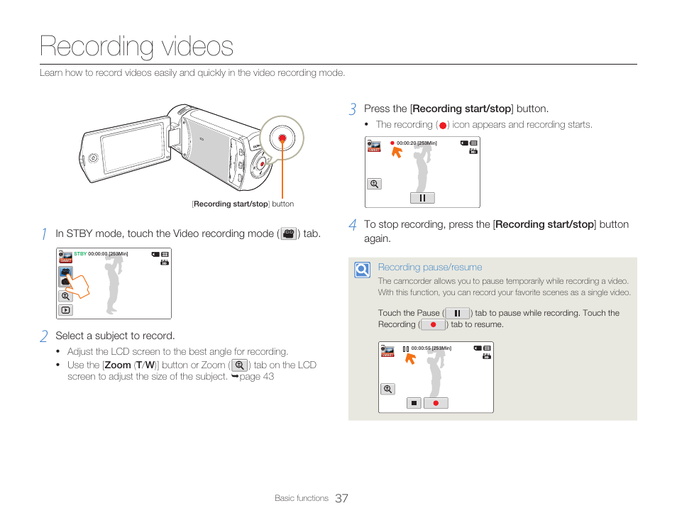 Recording videos | Samsung HMX-Q20BN-XAA User Manual | Page 41 / 133