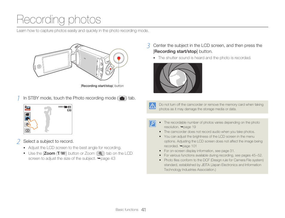 Recording photos | Samsung HMX-Q20BN-XAA User Manual | Page 45 / 133