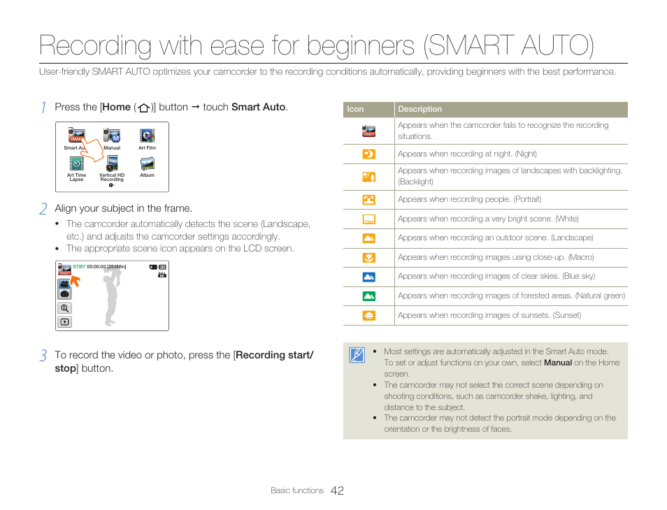 Recording with ease for beginners (smart auto) | Samsung HMX-Q20BN-XAA User Manual | Page 46 / 133