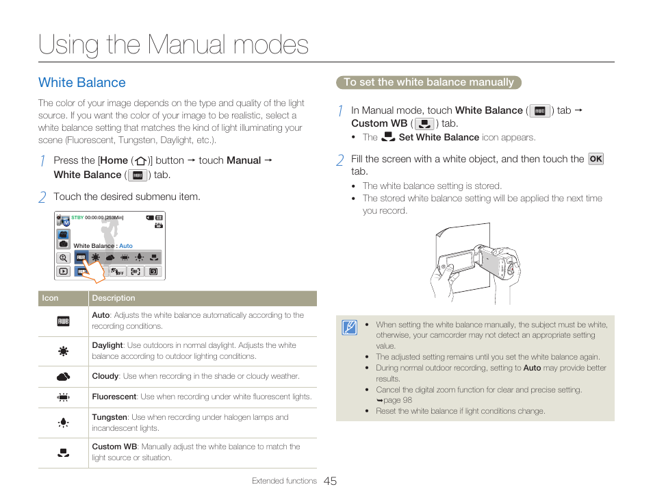 Using the manual modes, White balance | Samsung HMX-Q20BN-XAA User Manual | Page 49 / 133