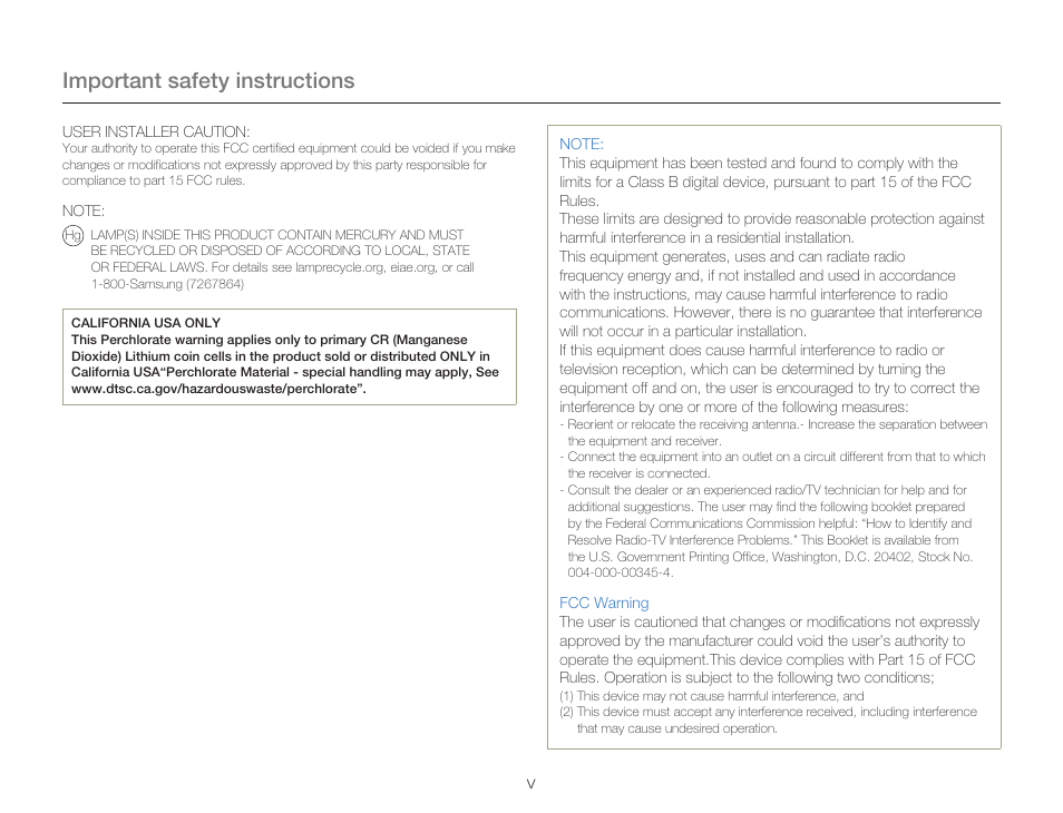 Important safety instructions | Samsung HMX-Q20BN-XAA User Manual | Page 5 / 133