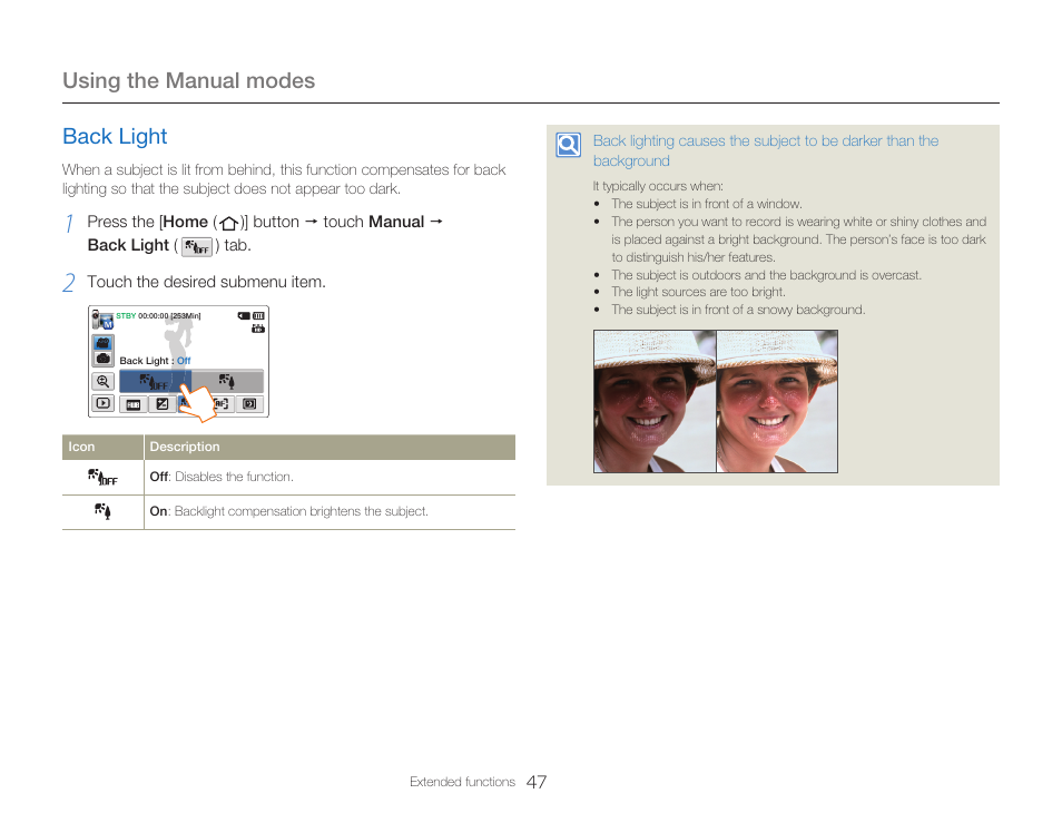 Back light, Using the manual modes | Samsung HMX-Q20BN-XAA User Manual | Page 51 / 133